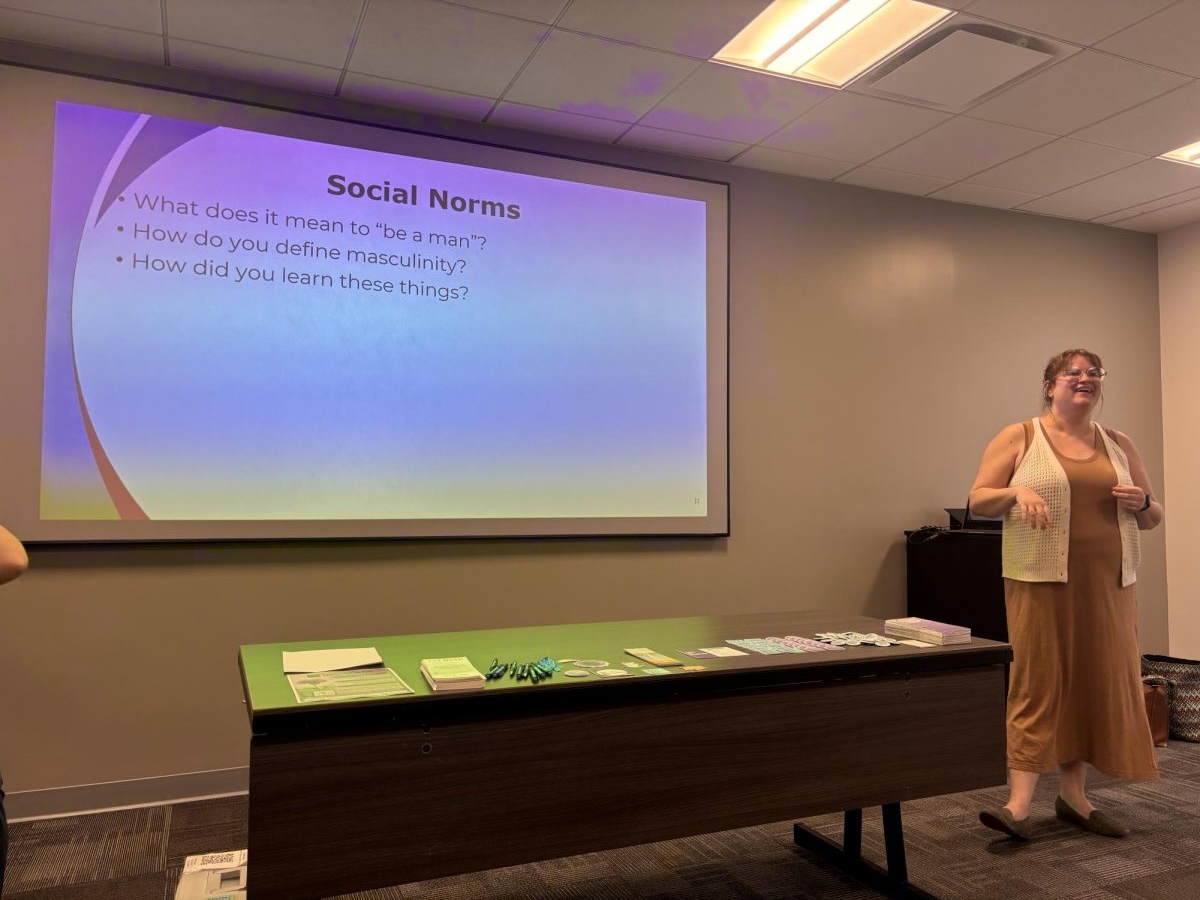 Suzannah Rogan leads a discussion on the meaning of masculinity during the “What Is Masculinity and How Does It Affect Me?” event, inviting audience members to share their perspectives in Northridge, Calif. on Oct. 22, 2025.