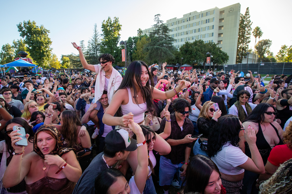 People sit on shoulders as Galantis takes the stage during the CSUN Big Show in Northridge, Calif., Saturday, October 11, 2025.