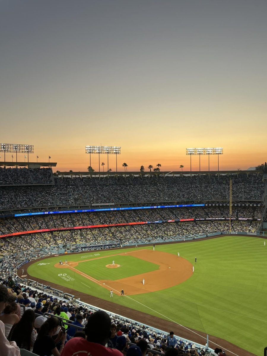 Overview of a sunset in the distance at Dodgers Stadium, in Los Angeles, Calif. on July 4, 2025.