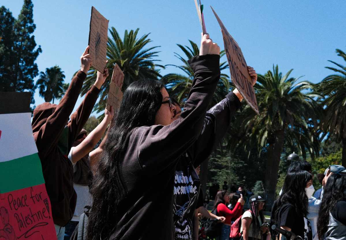 Protesters gather on the Library Lawn on Oct. 7, 2025 in Northridge Calif.