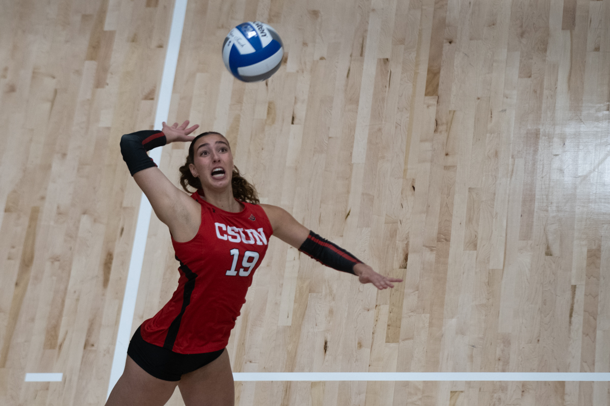 Hayley Ogden spikes the ball during a match against Cal State Fullerton in Northridge, Calif., on Nov. 15, 2025. The Matadors won 3-0.