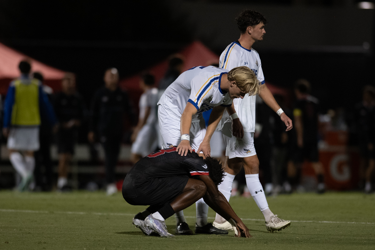 Roadrunners defender Filip Arras consoles Matador mid-fielder Seydou Diop after CSUN lost to Cal State Bakersfield in Northridge, Calif., on Oct. 4, 2025.