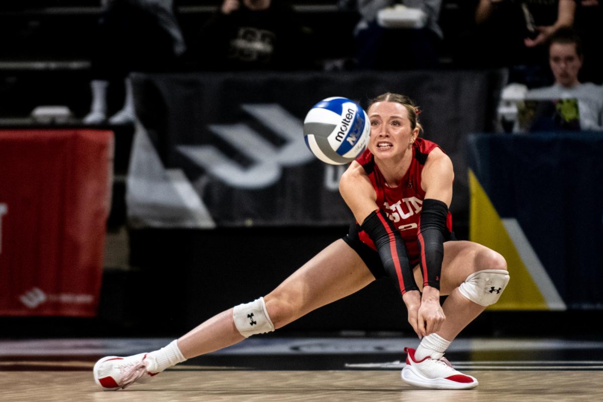 Paige Sentes digs for the ball during the first round of the Big West Women's Volleyball Championship tournament at the LBS Financial Credit Union Pyramid in Long Beach, Calif., on Nov. 26, 2025. The Matadors lost in 3 sets.