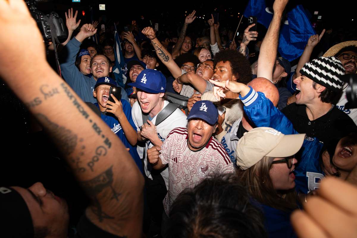 Dodgers fans celebrate in the streets after the World Series win in Los Angeles, Calif., on Nov. 1, 2025.