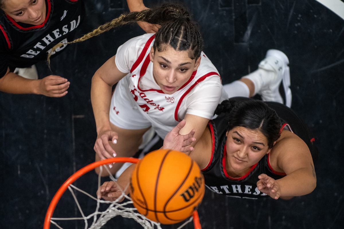 Nadia Bernard (left) and Jacqueline Aguilar (right) prepare to rebound the ball during a game against Bethesda University at CSUN on Nov. 4, 2025. The Matadors won 103-13.