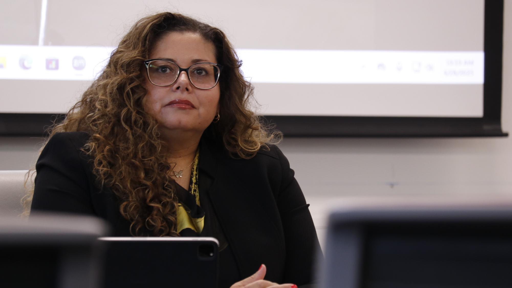 Amanda Quintero, current senior advisor to the president for inclusive excellence and equity innovation officer for the Global HSI Equity Innovation Hub at CSUN, introduces herself during the Search and Screen Committee’s open forum at the Extended University Commons in Northridge, Calif. on April 28, 2025.