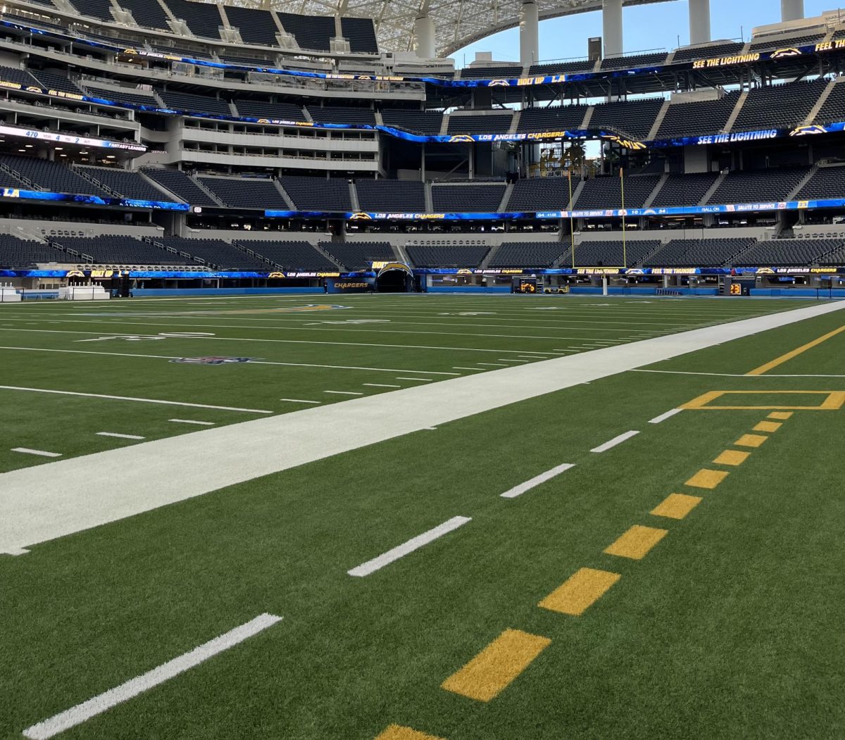 An overview shot of the field at Sofi Stadium, home of the Los Angeles Chargers and Rams in Inglewood, Calif., on Nov. 7, 2025. 