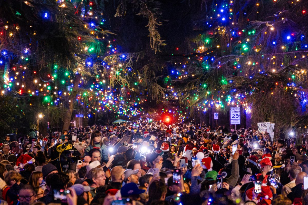 People watch as the lights turn on during the 105th annual Christmas Tree Lane lighting ceremony in Altadena, Calif., on Saturday, Dec. 6, 2025.