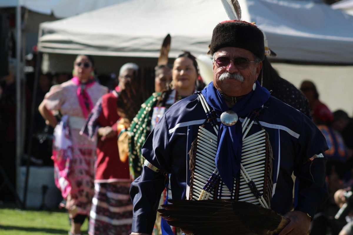 Dancers in traditional regalia during the Grand Entry at CSUN's 40th Annual Powwow on Nov. 29, 2025
