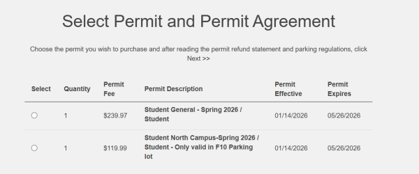 Screenshot of CSUN student parking permit options and prices. 