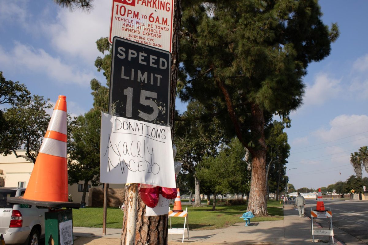 The Aracely Macedo memorial at the Southern Avenue entrance of South Gate Park in South Gate, Calif., on Jan. 23, 2026. The sidewalks along the park are heavily trafficked with pedestrians, each calling a friendly "buenos días" to one another as they pass.