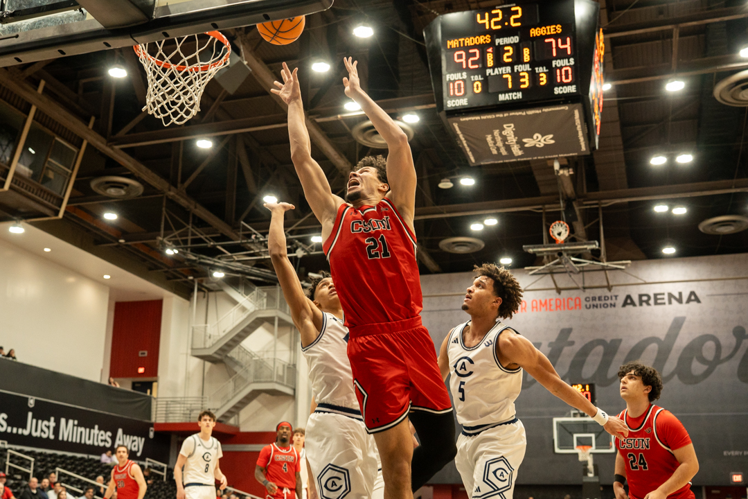 CSUN Matador Grady Lewis goes for a layup in a game against the UC Davis Aggies at the Premier America Credit Union Arena on Thursday, Jan. 29, 2026, in Northridge, Calif.