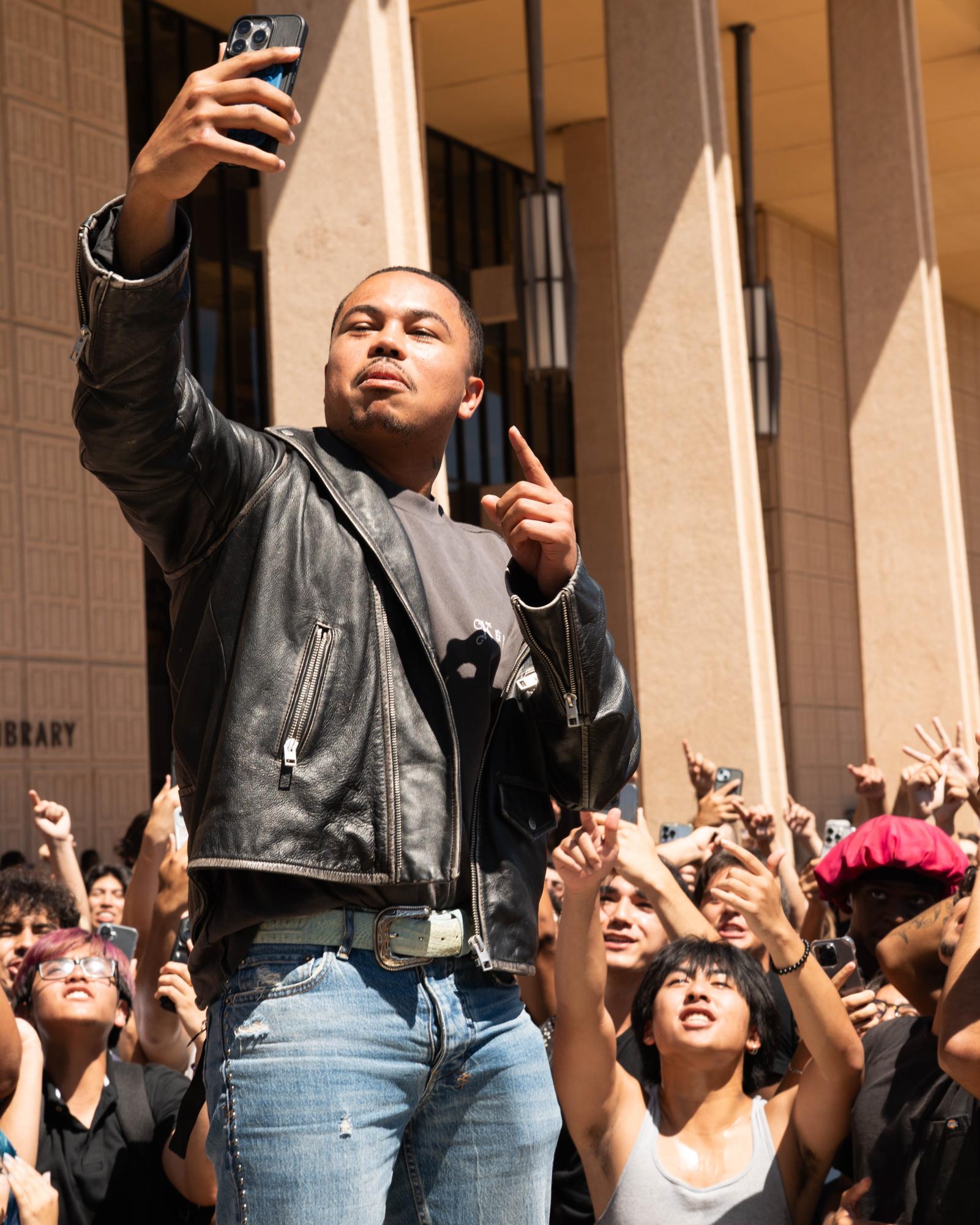 Hip-hop and trap artist Adamn Killa visits CSUN fans during Meet the Clubs on Wednesday, Sept. 3, 2025. During this visit, Killa filmed a TikTok video where he said "All bops go to CSUN" as the crowd of students around him cheered.