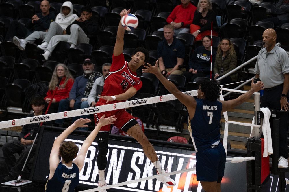 CSUN Matador Jalen Phillips slams the ball over the net in a volleyball game against the UC Merced Bobcats at the Premier America Credit Union Arena on Friday, Feb. 20, 2026 in Northridge, Calif.