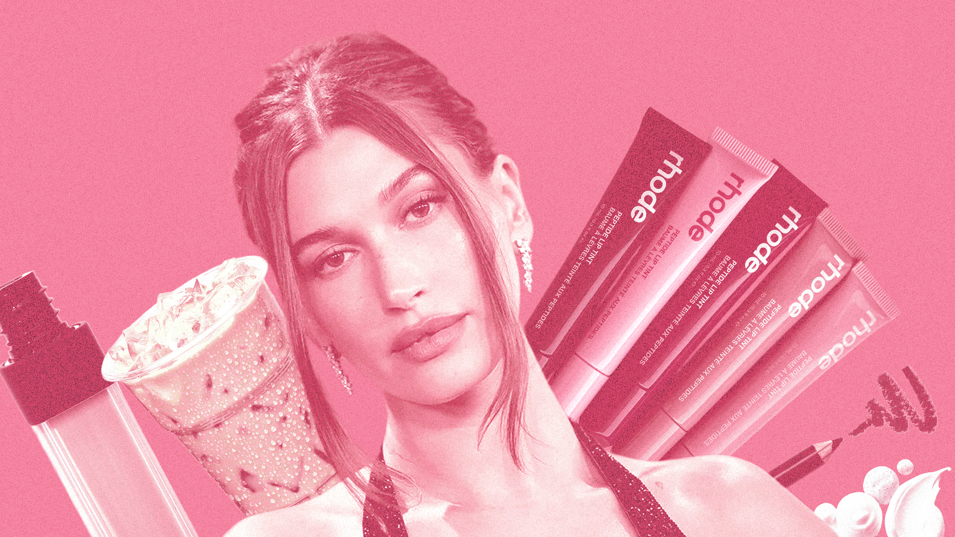 Graphic design showcasing Hailey Bieber, an iced latte and lip glosses.