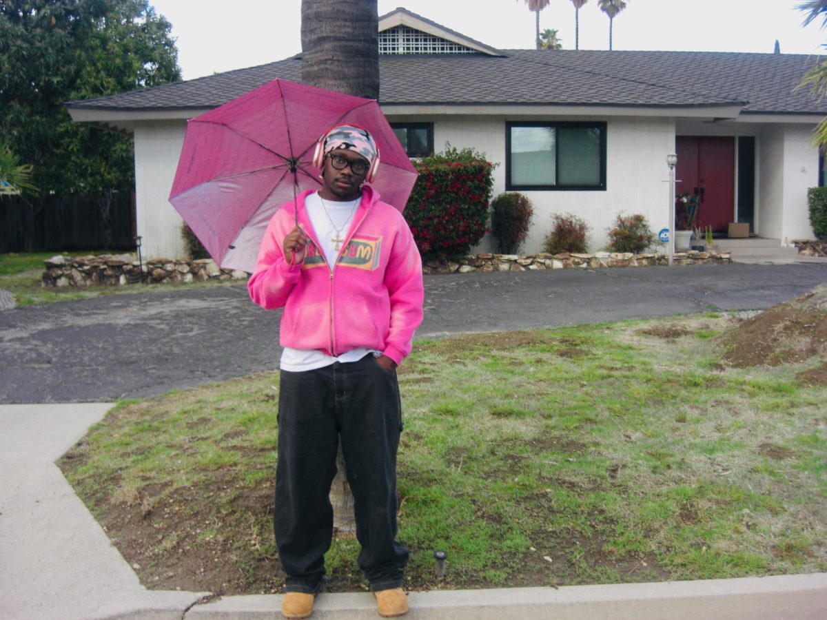 Promotional photo for Nekes' Pink Bubblegum hoodie taken in a Northridge neighborhood near CSUN's campus.