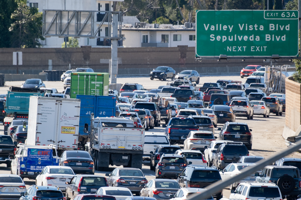 Morning traffic on the I-405 moves slowly near the Sepulveda boulevard exit on Wednesday, Feb. 18, 2026, in Sherman Oaks, Calif.