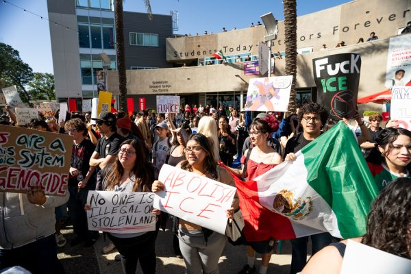 CSUN students gathered at the Plaza del Sol for a student walk out in protest of I.C.E on Tuesday, Feb. 3, 2026, in Northridge, Calif.
