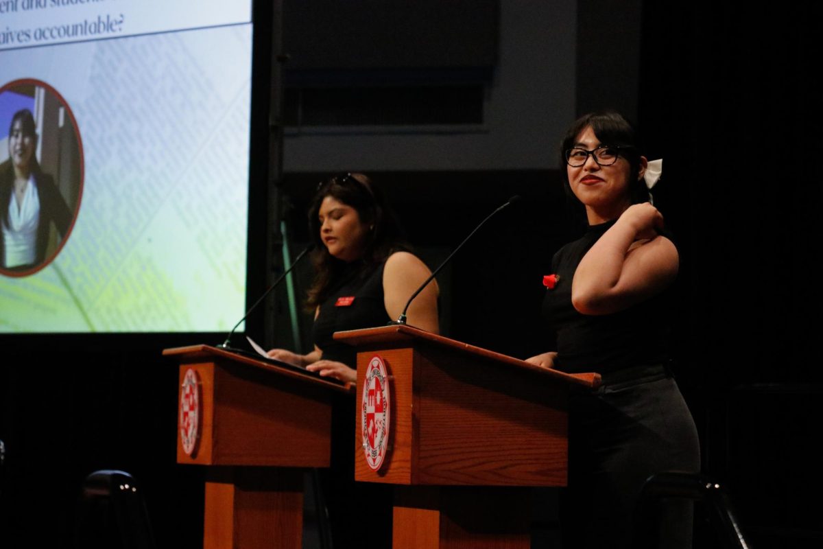 Current Associated Students President Keiry Saravia smiles as she participates in the Q&A portion of the AS Meet the Candidates event at Northridge Center in Northridge, Calif. on March 27, 2025. 