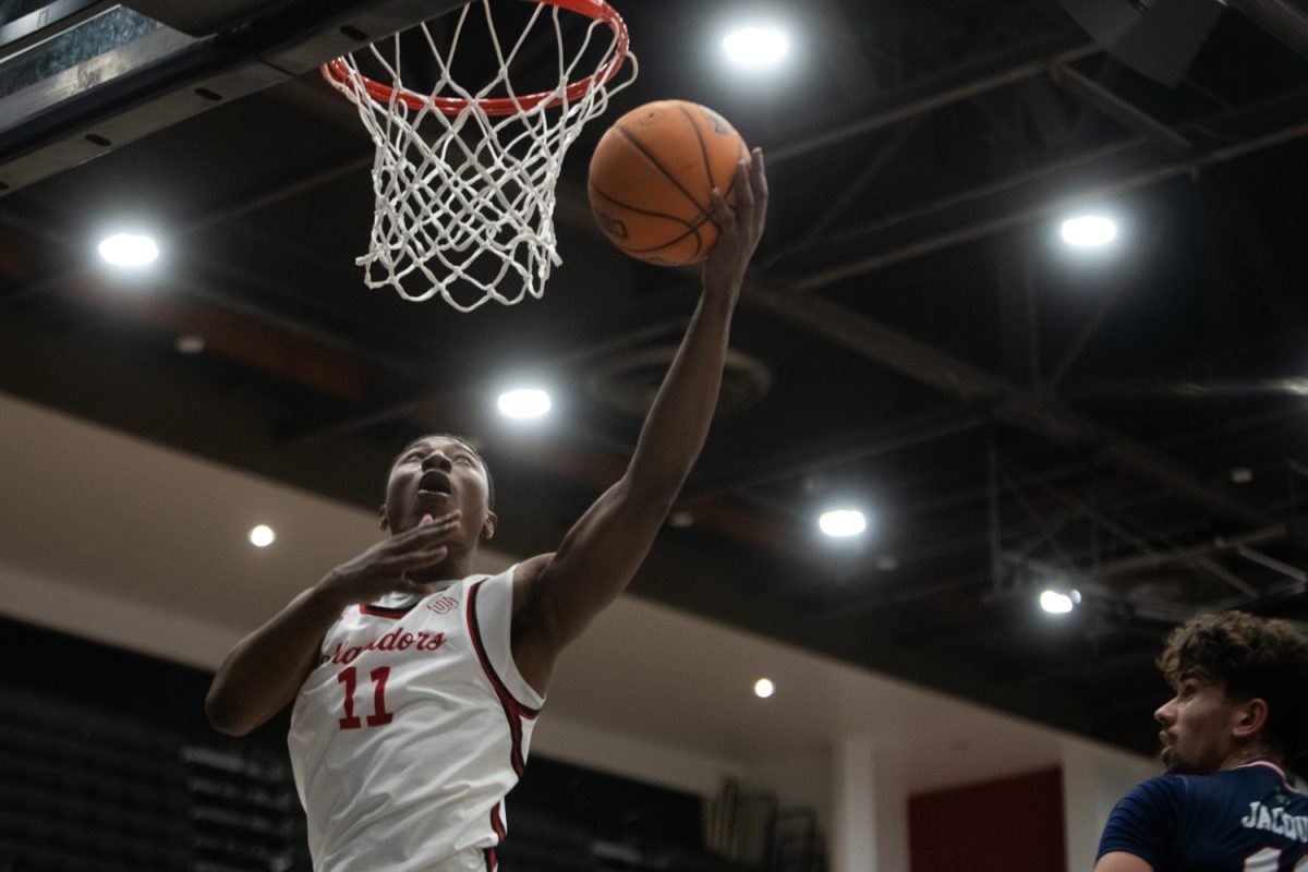Mahmoud Fofana attempts a layup during a game against Fresno State at the Premier America Credit Union Arena on Dec. 10, 2025. The Matadors won 89-87.