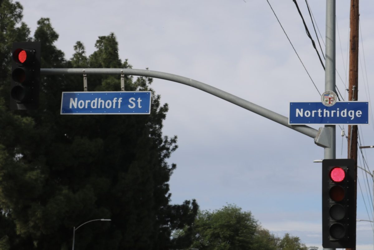 Nordhoff Street traffic light at the intersection of Zelzah Avenue.