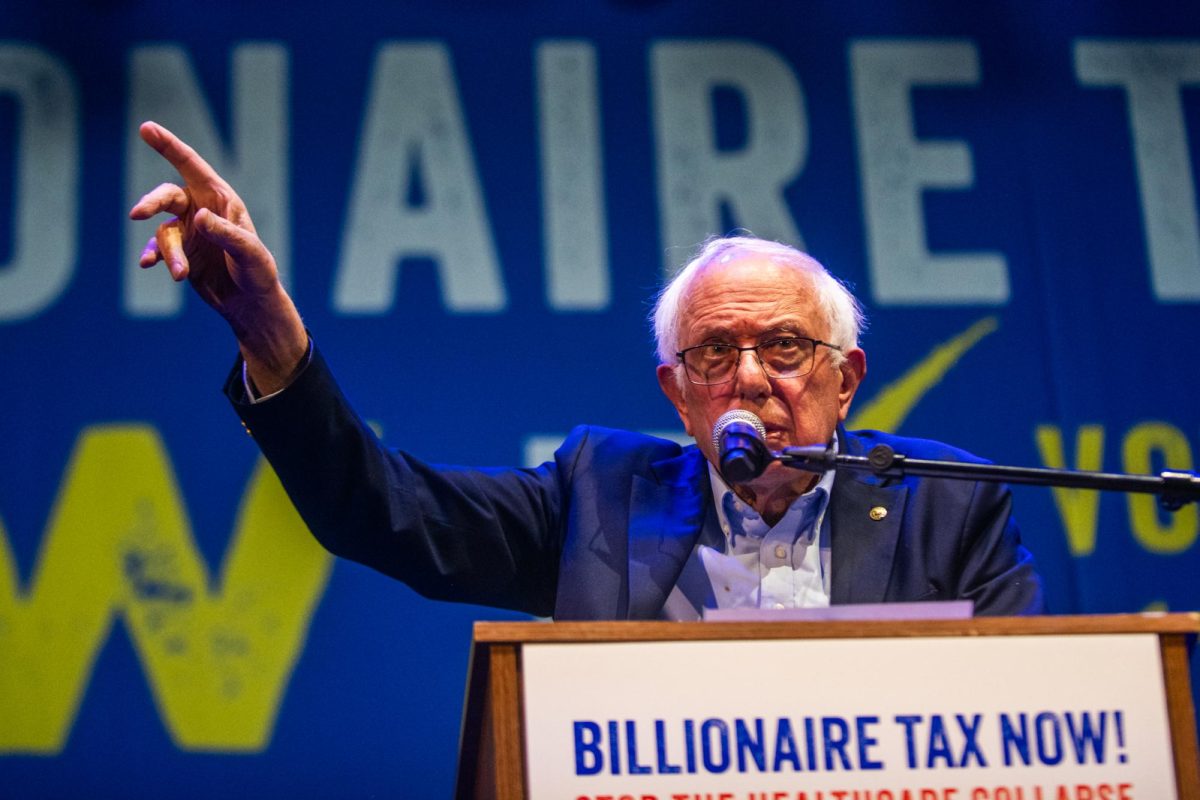 Sen. Bernie Sanders speaks during the California Billionaire Tax Act campaign kickoff at The Wiltern in Los Angeles on Feb. 18, 2026.