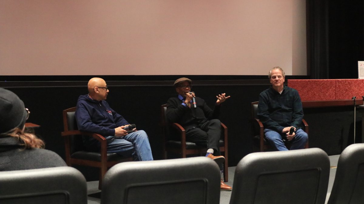 Q&A with Russell Williams, II in Armer theater room in Manzanita 100 on Feb. 20, 2026. The Q&A was moderated by CTVA faculty Nate Thomas (left) and Joel Karantz (right).