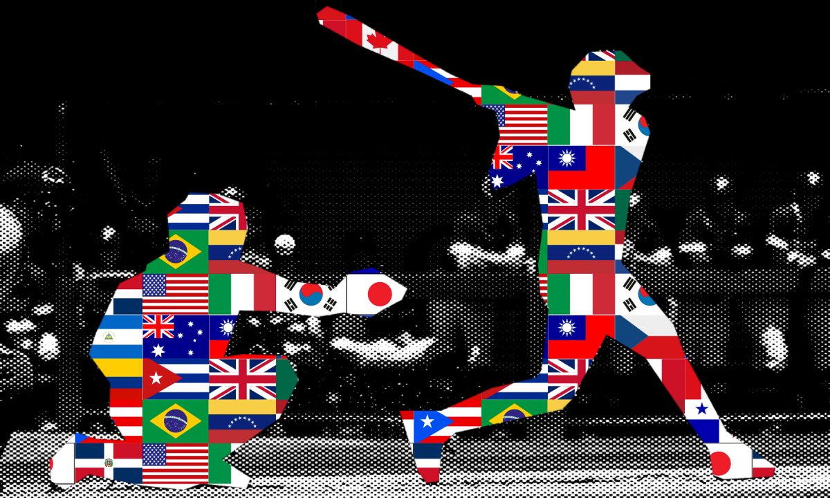The silhouette of two baseball players filled with the flags of countries participating in the World Baseball Classic. Photo by Benjamin Hanson, photo illustration by Jaya Roberts