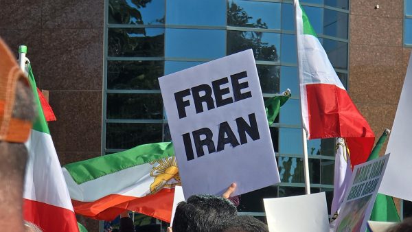 Protester holds a "Free Iran" sign surrounded by Iranian flags at a Westwood demonstration.