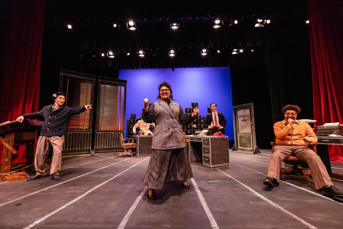 Feste, played by William Flannery (left), Maria playbed by Laura Casillas (middle), and Sir Toby Belch, played by Matthew Hawkins-Bolanos (right), in "Twelfth Night," in the Little Theatre in Nordhoff Hall, in Northridge, Calif.