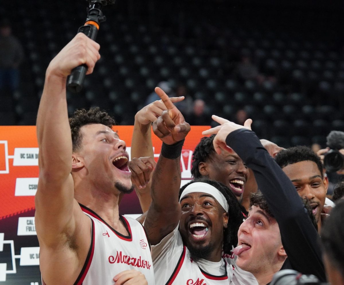 CSUN Men's Basketball team celebrate a victory over UCSD at Lee's Family Forum in Henderson, Nev. on March 12, 2026.