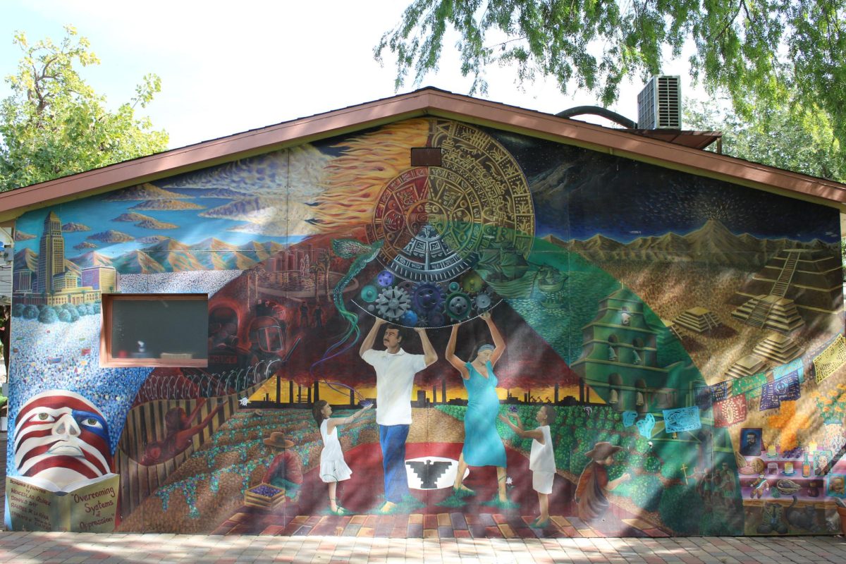 The "Overcoming Systems of Opression" mural on the back wall of the Central American Studies and American Indian Studies Cultural Center at CSUN in Northridge, Calif. on Feb. 23, 2026.