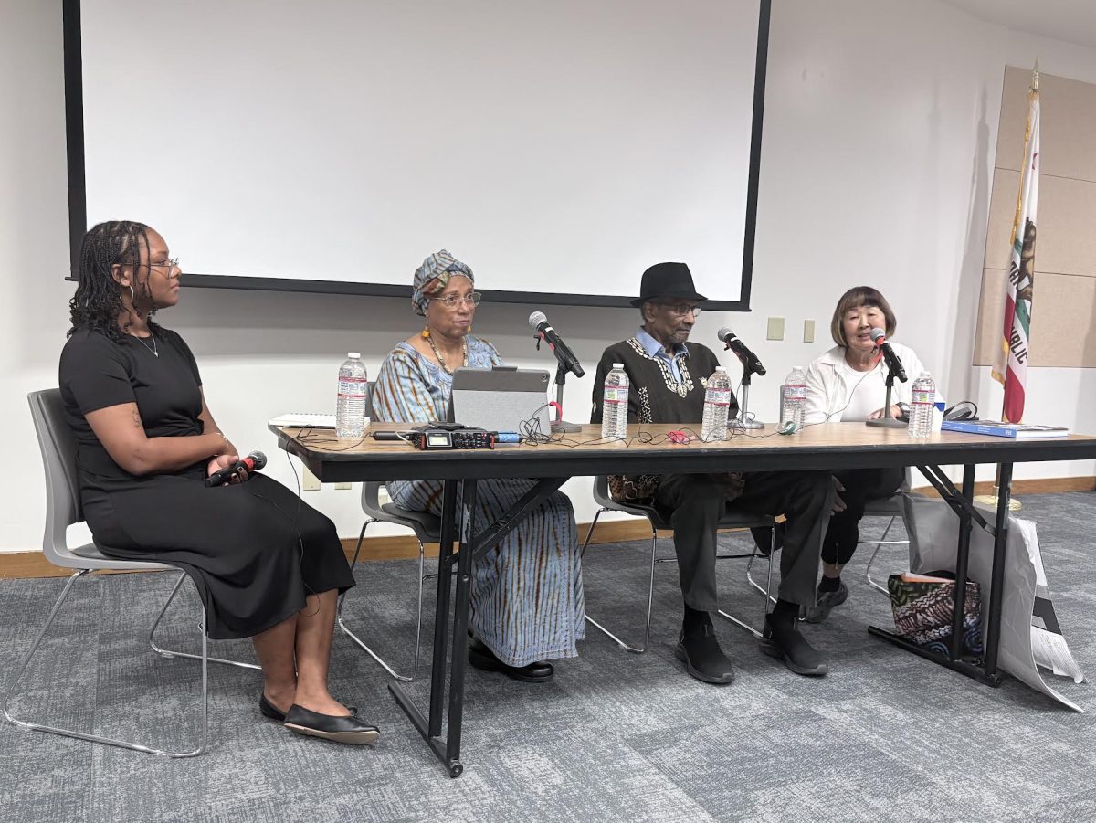 Ruth Wakabayashi (right) addresses attendees during the Black Panther Party 60th Anniversary panel at the University Library's Jack & Florence Ferman Presentation Room on Feb. 25, 2026.