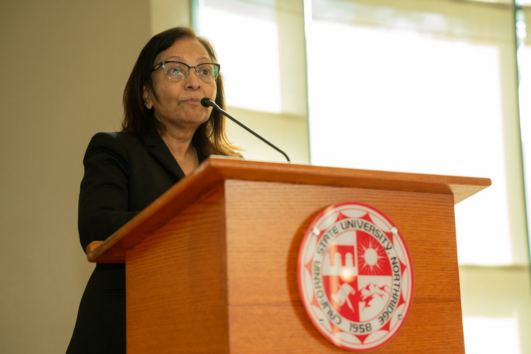 Provost for Academic Affairs Meera Komarraju speaks at the Radiating Black Excellence event at the at the USU Grand Salon on Friday, Feb. 20, 2026, in Northridge, Calif.
