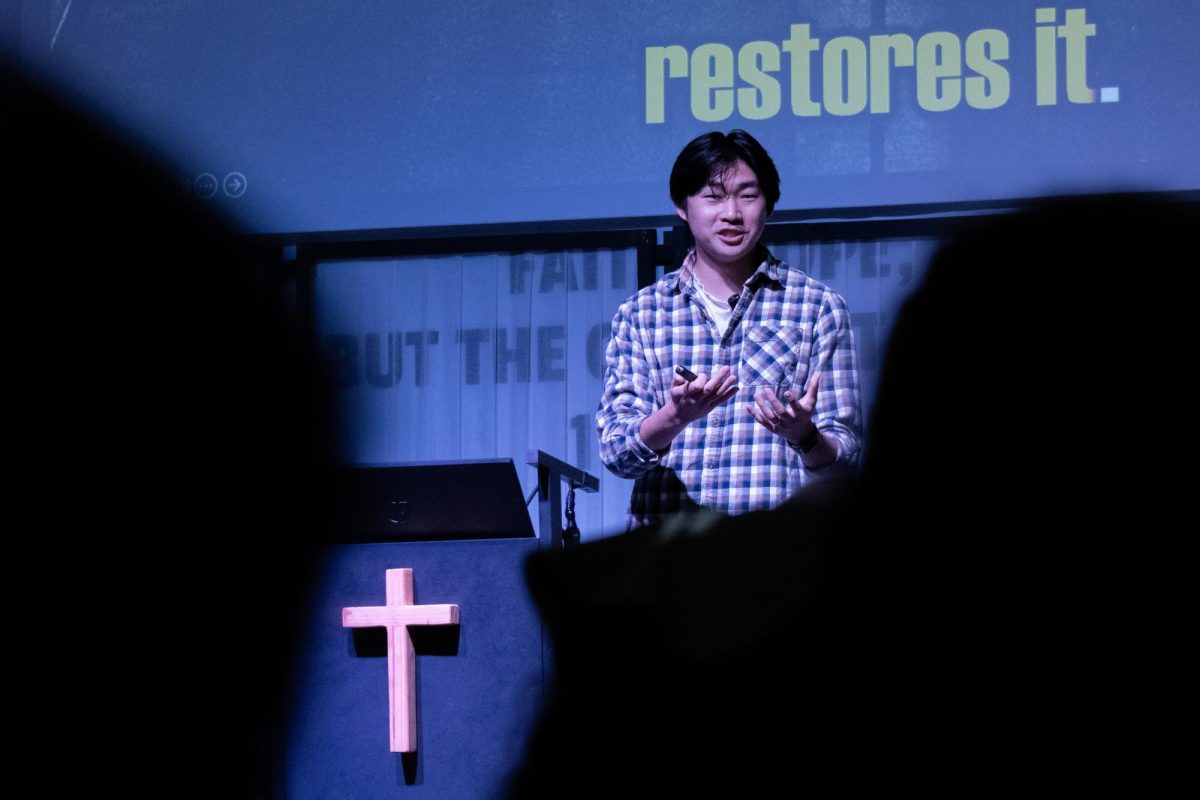 Intern Pastor Jacob Kim, a CSUN alumni, leading a sermon at Good Shepherd Fellowship service on Sunday, Feb. 1, 2026, in Northridge, Calif. In his sermon, Kim preached that while friends and family provide "conditional love," God's love is unconditional.