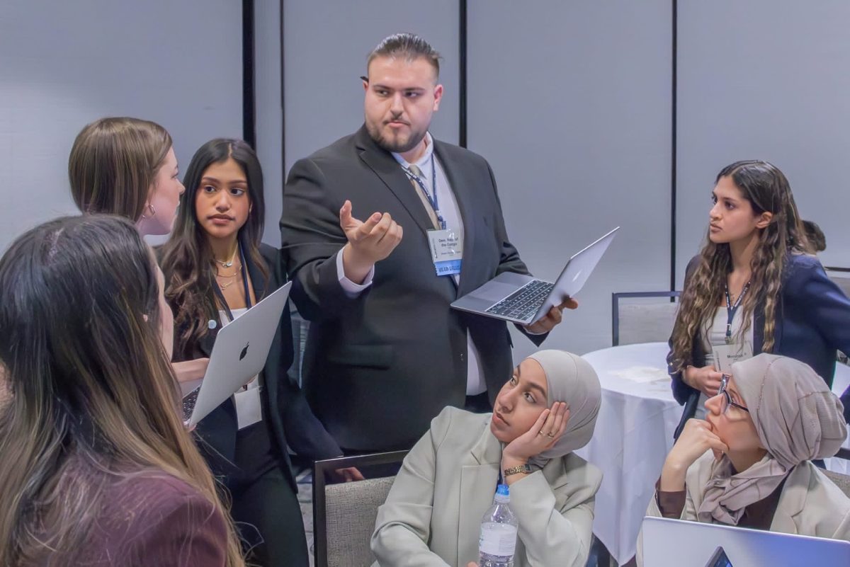 Delegate Sheen Gupta and Head Delegate Arsen Penerdzhyan speak with students representing other schools during the 2026 National Model United Nations New York Conference in New York, N.Y. The conference took place from April 6-10, 2026. 