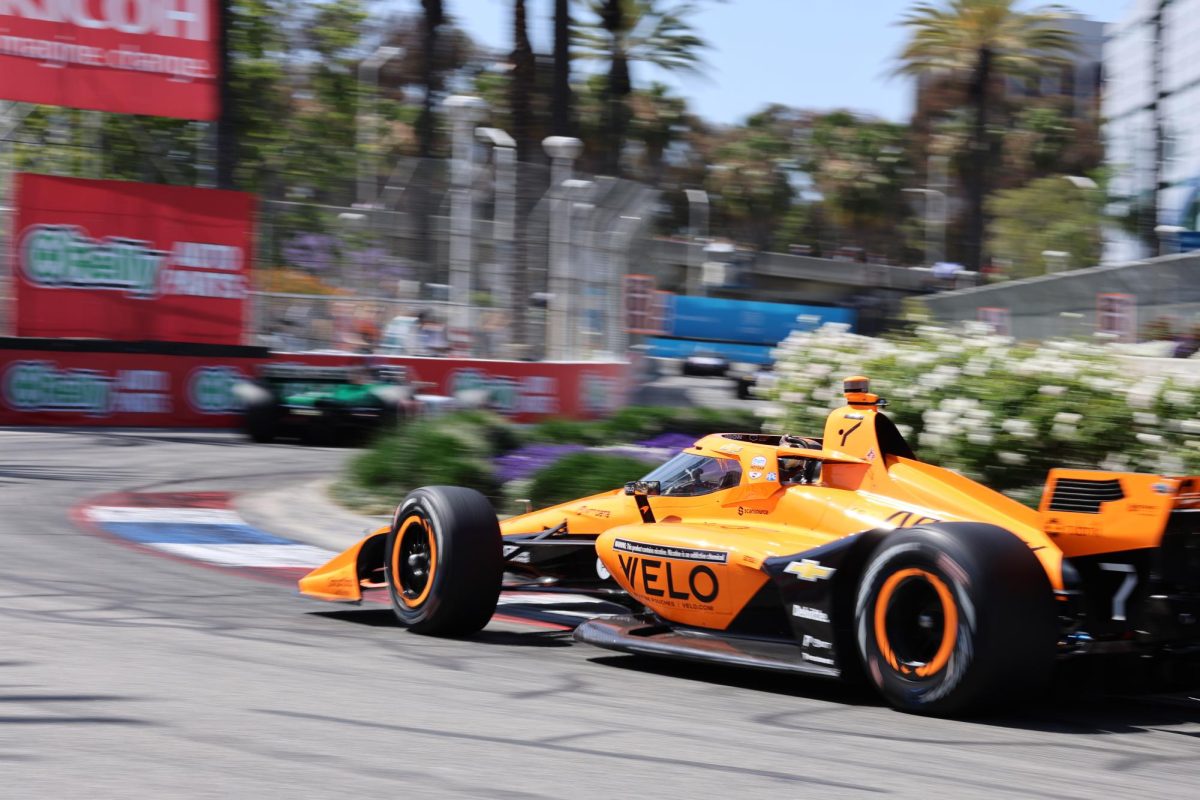 Christian Lundgaard hitting the O'Reilly turn at the Acura Grand Prix of Long Beach on April 19, 2026.