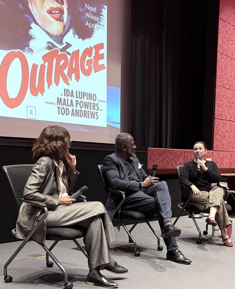 From left, CTVA professor Dianah Wynter, CSUN psychiatrist Abram Milton and Strength United director and family therapist Andrea Ortiz participate in a discussion following the screening of "Outrage" on April 8, 2026, at the Elaine and Alan Armer Screening Room in Northridge, Calif.