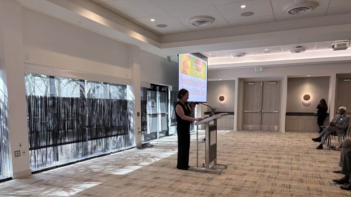 Daniela Gerson speaks at the 2026 Jerome Richfield Memorial Colloquium on April 22, 2026 at the Orchard Conference Center in Northridge, Calif. Gerson discussed immigration storytelling and themes from her book "The Wanderers."
