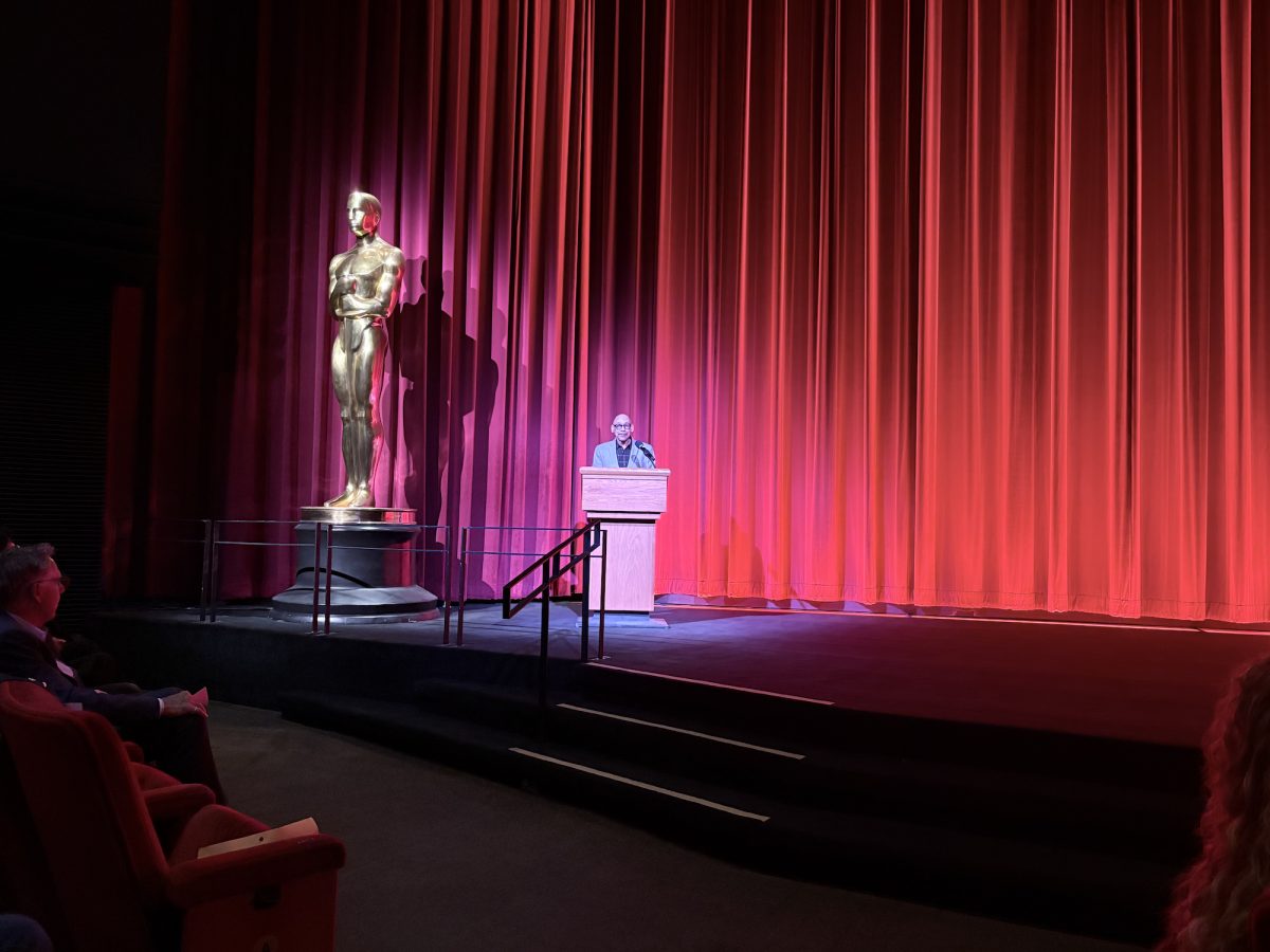 Nate Thomas, head of the Film Production program and CTVA professor at CSUN, speaks at the CSUN Film Showcase on April 29, 2026, in the Samuel Goldwyn Theater at the Academy of Motion Picture Arts and Sciences in Beverly Hills, Calif.