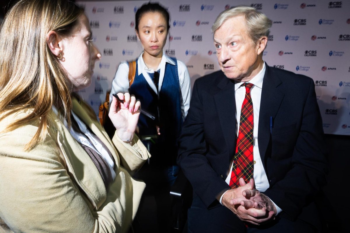 Candidate Tom Steyer speaks to the press at the CBS-hosted Governor's Debate at Pomona College on Tuesday, April 28, 2026, in Claremont, Calif.