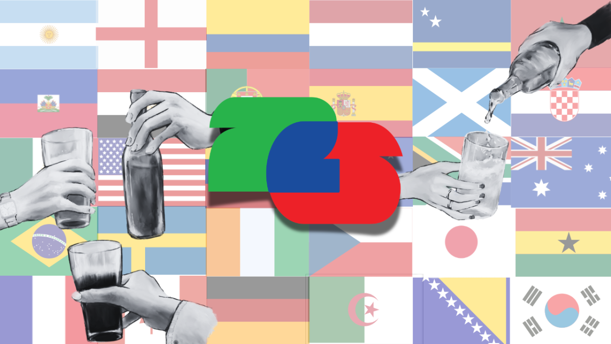 Flags of nations participating in the 2026 FIFA World Cup behind people toasting. 