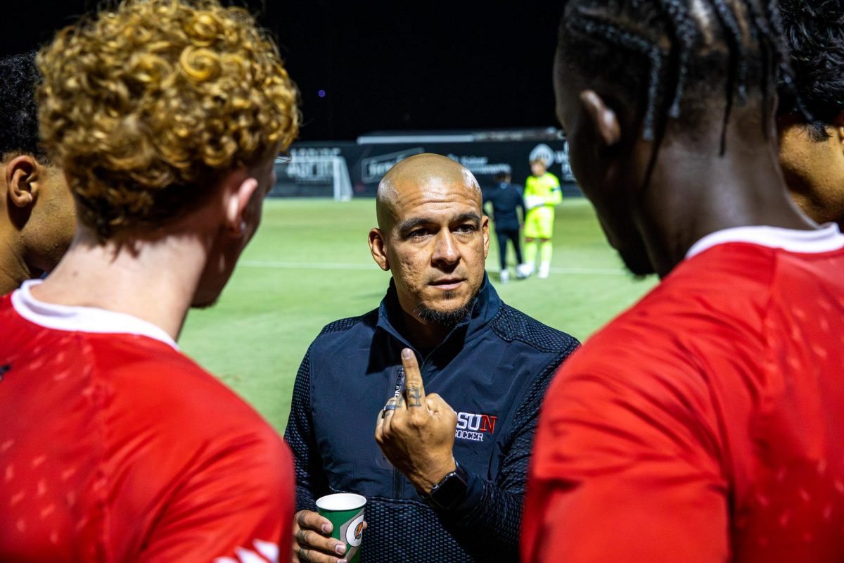 CSUN assistant coach Rafael Garcia speaks with players during the Matadors 7th game of the season against San Jose State University on Thursday, Sept. 17, 2026 in Northridge, Calif.