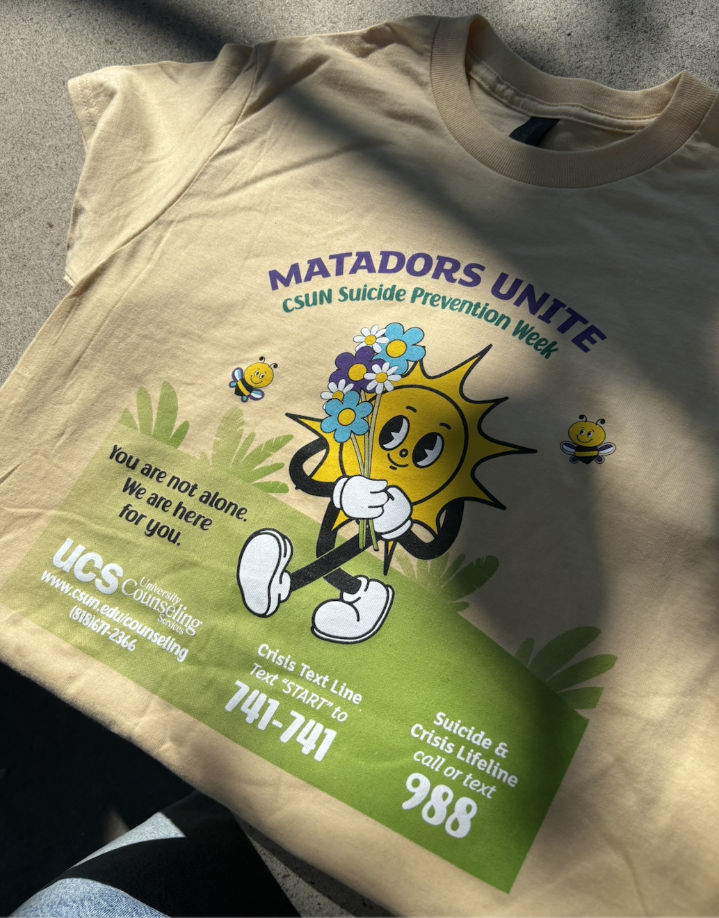 CSUN’s Matadors Unite T-shirt promotes suicide prevention and connects students with campus and crisis support resources on Sept. 9, 2026.