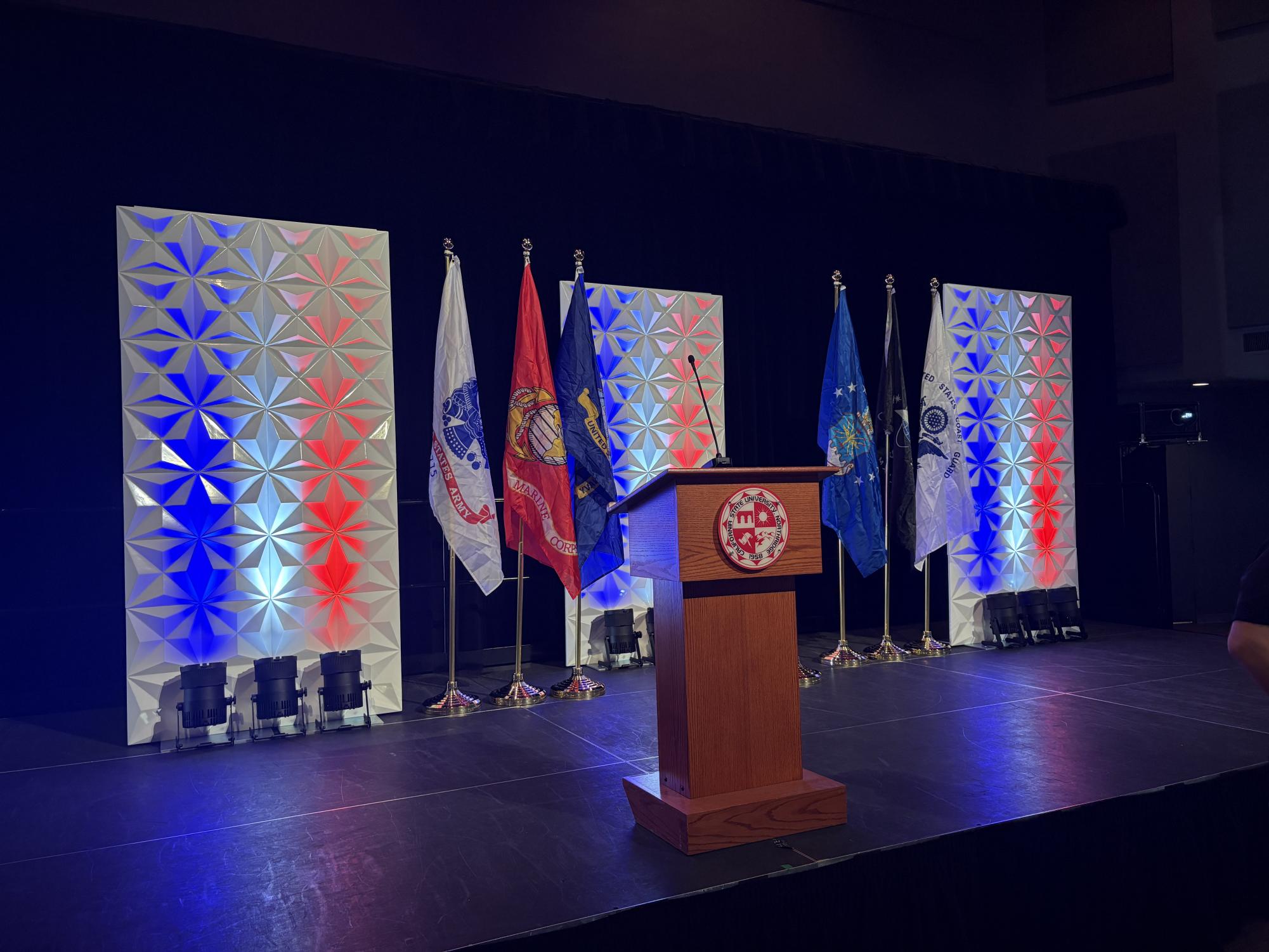 Presenter stage at the memorial event in Northridge Center Complex, University Student Union, in Northridge Calif., on Sept. 11, 2026.