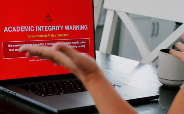 Adult college student uses artificial intelligence AI chat bot to write assignment breaking academic fair use policy cheating educational assignment. Photo by Matt Fowler KC via Adobe Stock.
