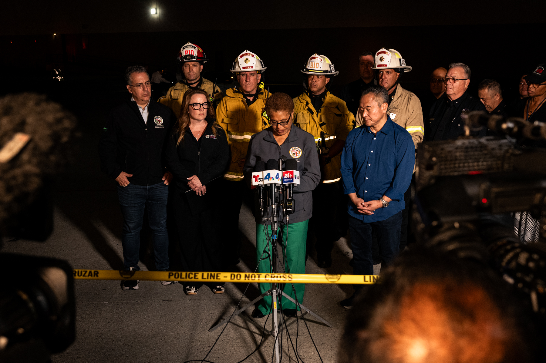 Los Angeles Mayor Karen Bass during a press conference after the NBC4 helicopter crash in Chatsworth, Calif., on Sept. 15, 2026.