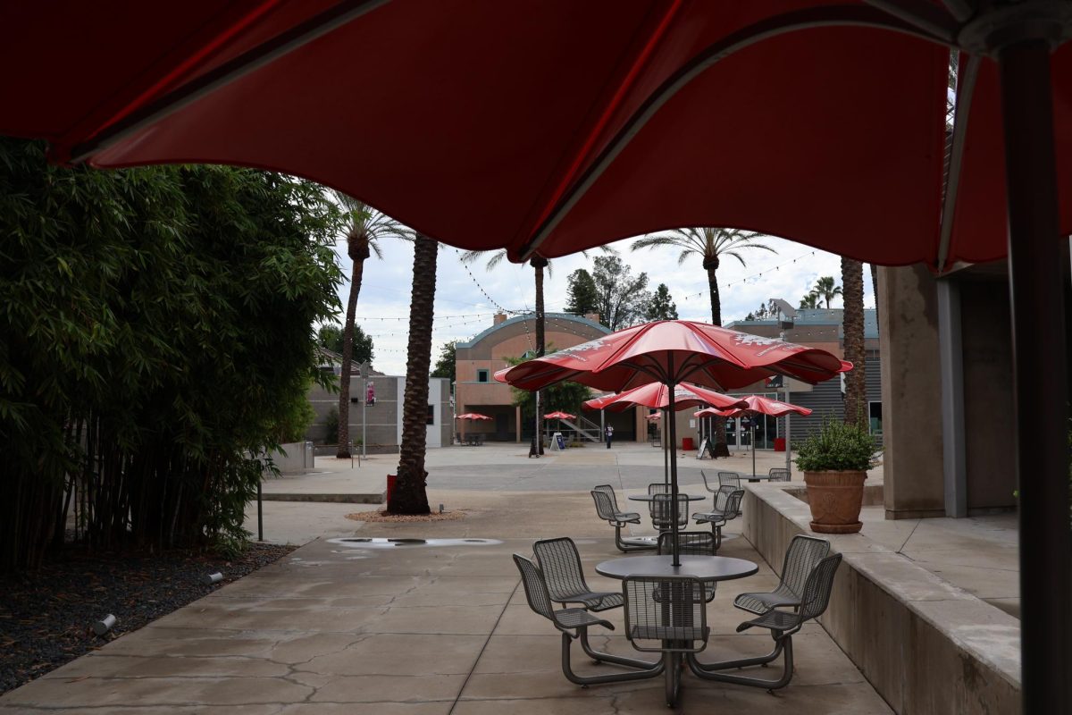Inside CSUN's University Student Union, umbrellas are shading over the seats in Northridge, Calif.