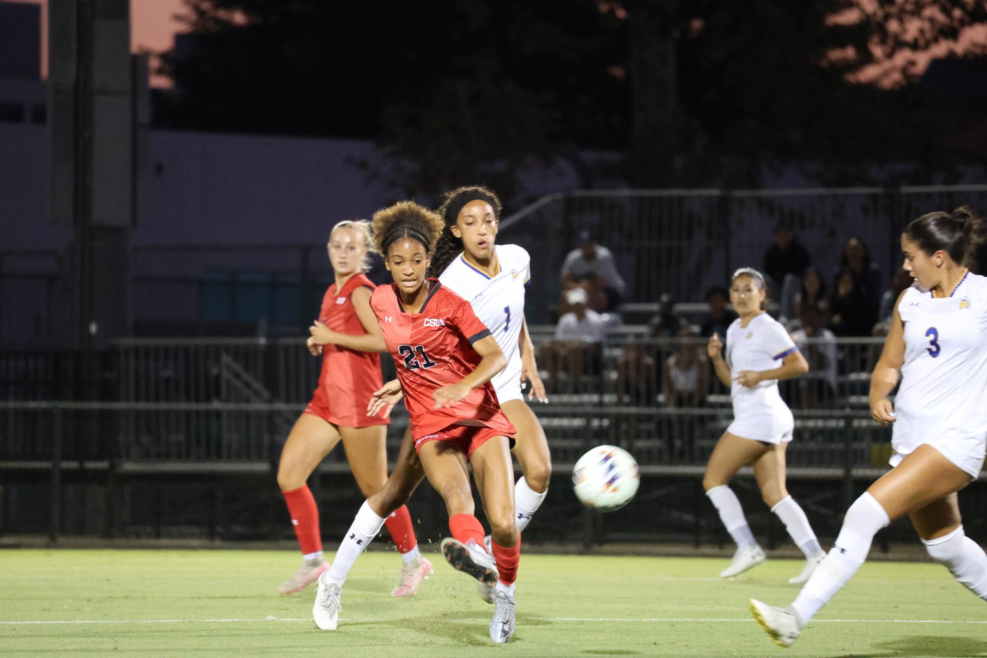 CSUN Defender Emerson Moran passes the ball towards a fellow Matador at Matador Soccer Field in Northridge, Calif. on Thursday, Sep. 3, 2026.