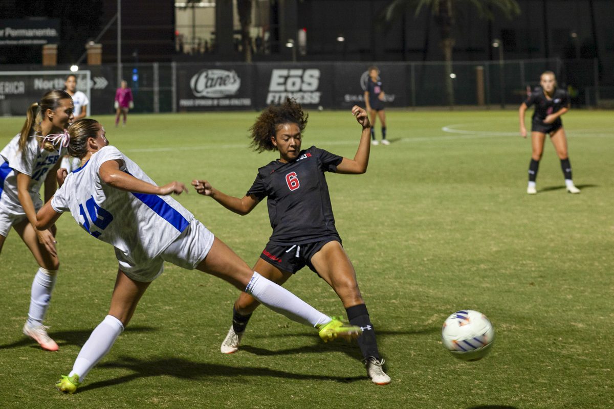 Mid Fielder No. 6 Keilani Claiborne makes a pass while a UCSB player attempts to intercept. CSUN went on to beat UC Santa Barbara 2-1. Matador Soccer Field in Northridge, Calif, on Wed, Oct. 28, 2026.